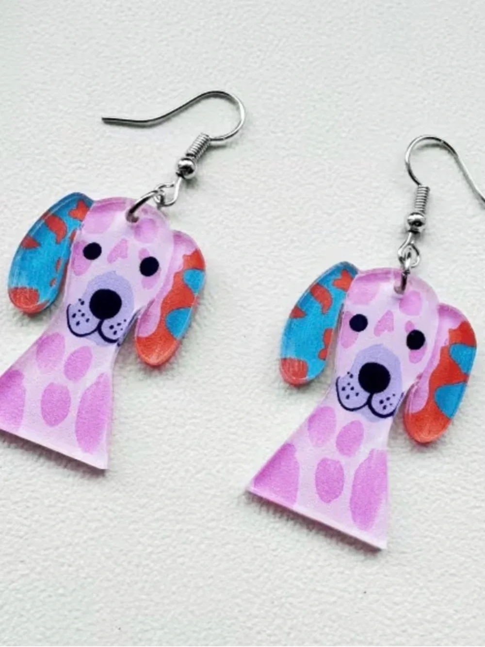 Cute Acrylic Dog Face Dangle Earrings - Pink and Multi Color Options- Summer